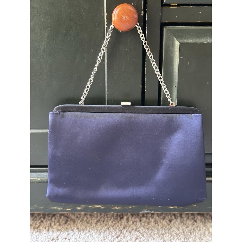 Vintage 1960s Ande Navy Satin Evening Bag with Pristine Vanity Mirror